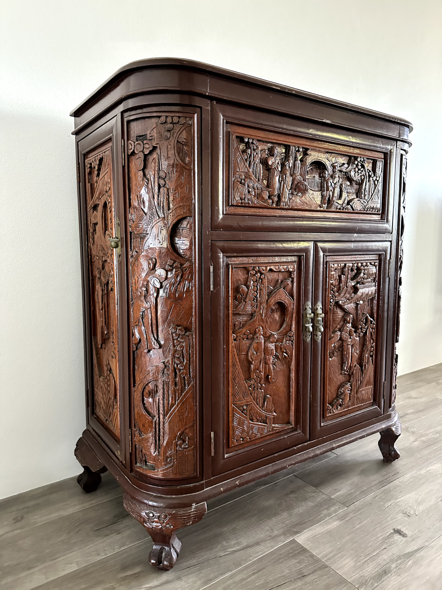 George Zee Mid Century Asian Hand Carved Teak Dry Bar Cabinet | eBay