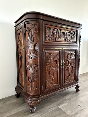 ビンテージ 鳥　オブジェ　レトロ　理科室　書斎　cabinet George Zee Mid Century Asian Hand Carved Teak Dry Bar Cabinet | eBay
