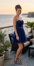 Vintage Y2K Deb Women's Size US 3 Navy Blue Tulle Prom Mini Rhinestone Dress