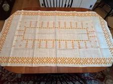 Vintage Linen Tablecloth Gold & Orange Geometric Design (NWOT)