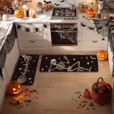 Spooky Skeleton Spider Kitchen Mats Set of 2 - Halloween Black Rugs 17x29  17x4