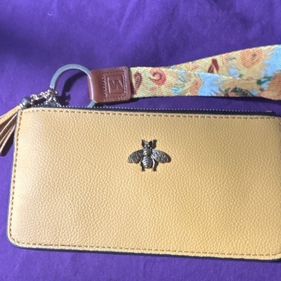 Women s Tan Wristlet Wallet Zip Pouch w/ Bee Emblem, Wrist Strap, Key Ring