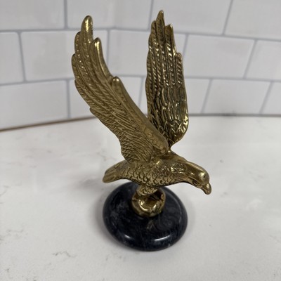 Vintage Solid Brass American Eagle Statue Spread Wings on Black Marble Base 5.5 