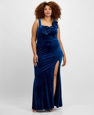 City Studios Trendy Plus Size 14W Velvet Floral-Trim Gown Blue SALE $129
