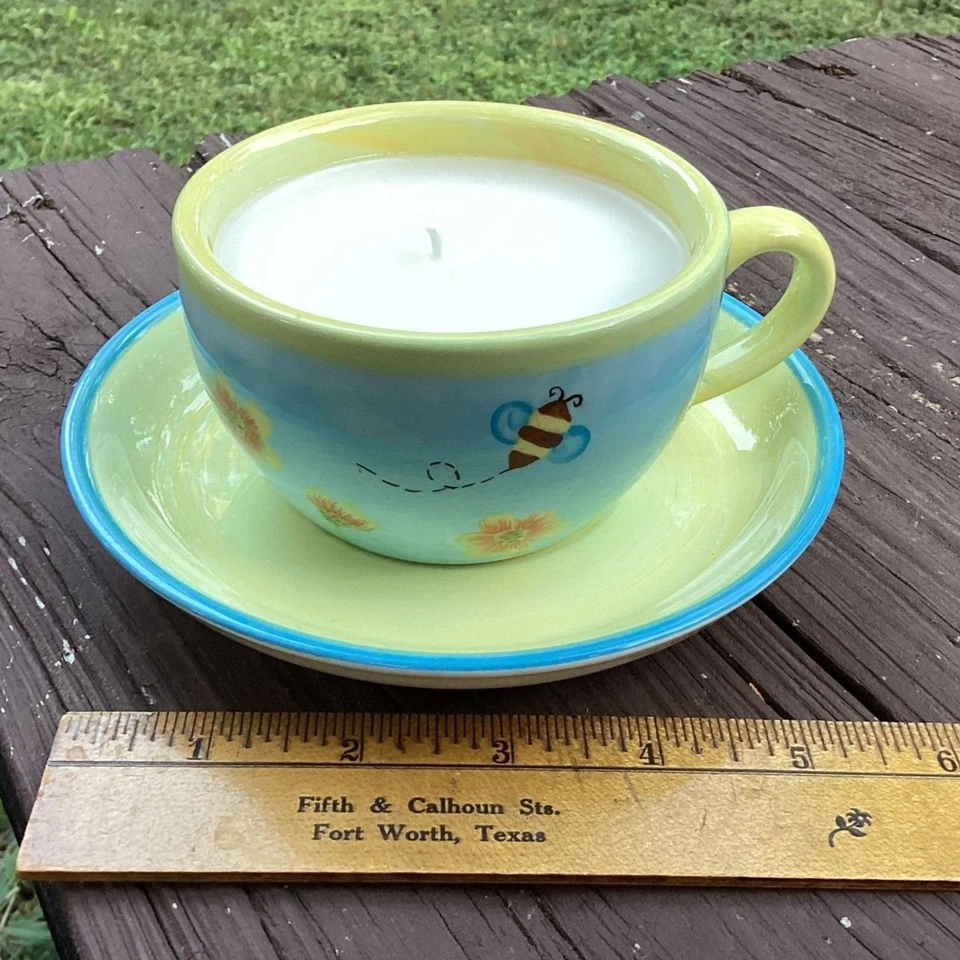 Bee Teacup Candle • Fresh Bamboo • Premium Wax • Repurposed Cup & Saucer - Image 3 of 4