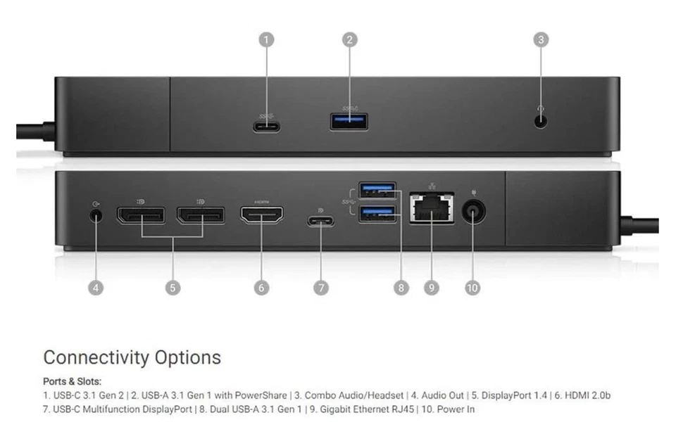 Estación de acoplamiento Dell WD19S-130W con cable USB 3.2 Gen 2 (3.1 Gen 2) tipo C - negra Foto 2 de 4