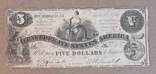 T-36 SEP 2, 1861 $5 FIVE DOLLARS CSA CONFEDERATE STATES OF AMERICA CURRENCY NOTE