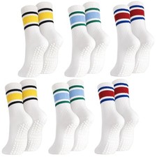 Cute Pilates Socks for Women, Non Slip Yoga Socks with Grips 6 Yellow Blue Red