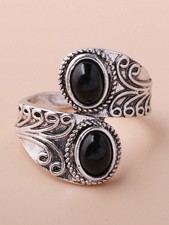 Vintage Silver Tone Black Oval Resin Ring Size 7 Women Fashion Statement Ring