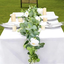 Artificial Eucalyptus Garland with Flowers White Roses 2PCS 11.8FT Faux Green...