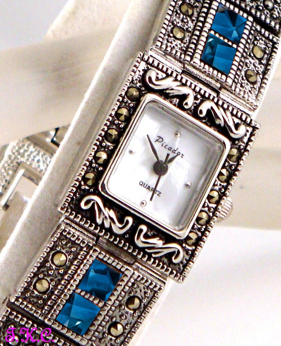 Vintage Marcasite Blue London Topaz Semi Precious Gems Silver