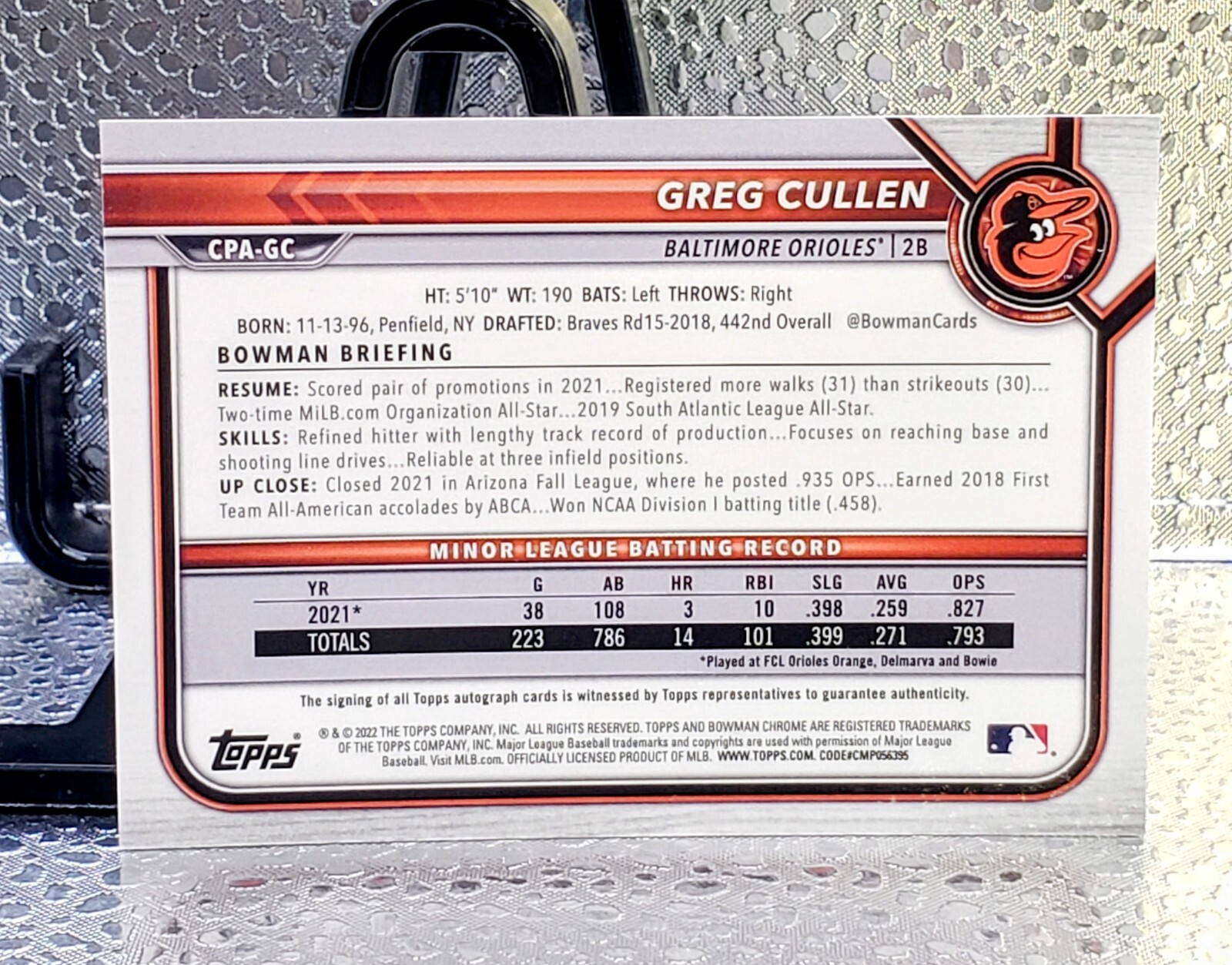 Greg Cullen (2022) Bowman Chrome RC AUTO Autograph view 4