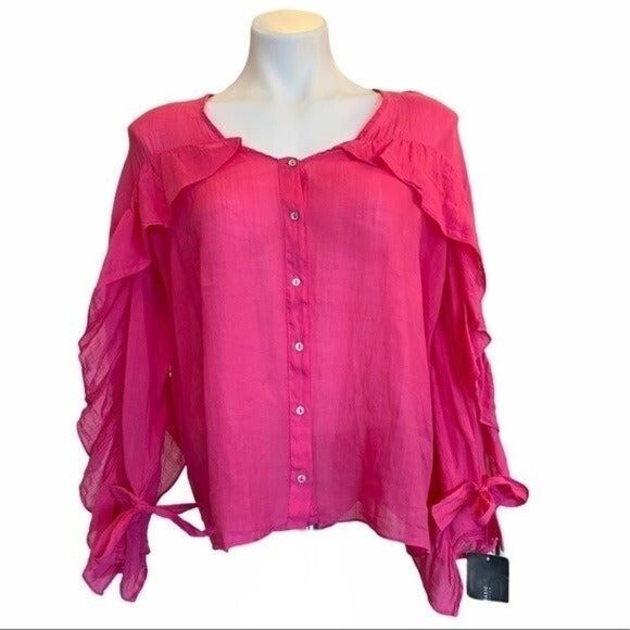 ZARA Pink Ruffle Ramie Blouse Size S NEW