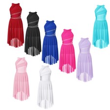 Kids Girls Dancewear Latin Leotard Sequins Dance Dress Ballet Skirt Rhinestone