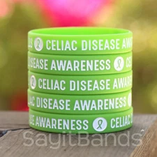 Set of Celiac Disease Wristbands - Green Debossed Silicone Awareness Bracelets
