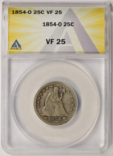 1854-O Liberty Seated Quarter Silver 25C VF 25 ANACS - Imagen 1 de 4