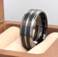 Silver Center Black Tungsten Ring, Christmas Gift Men's Tungsten Wedding Band