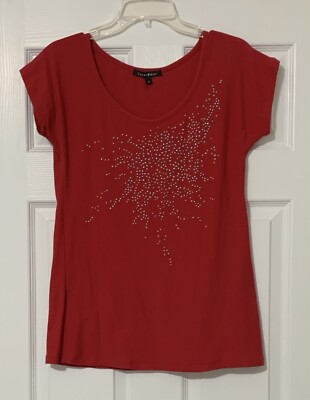 Carol Rose Cardinal Red w Silver Stud Accents Top Size Medium Round Neck Women's