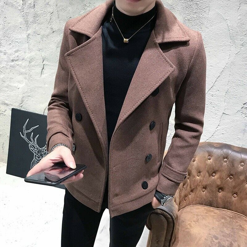 Men's Wool Blend Coat Short Jacket Double Breasted Reefer Peacoat Lapel  Winter