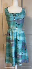 Malia Honolulu Vintage Sz:S Turquoise Blue White Sleeveless Novelty Print Dress