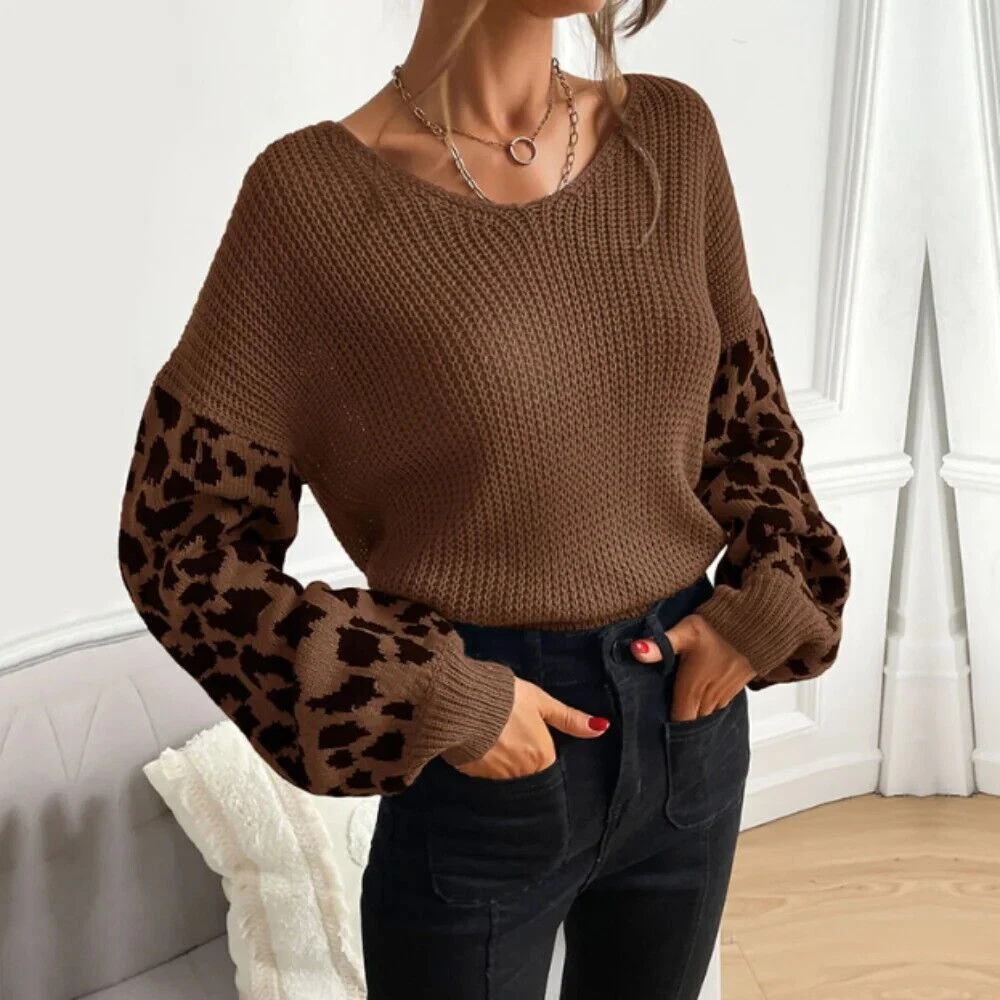 Womens V Neck Sweater With Leopard Print Sleeves eBay