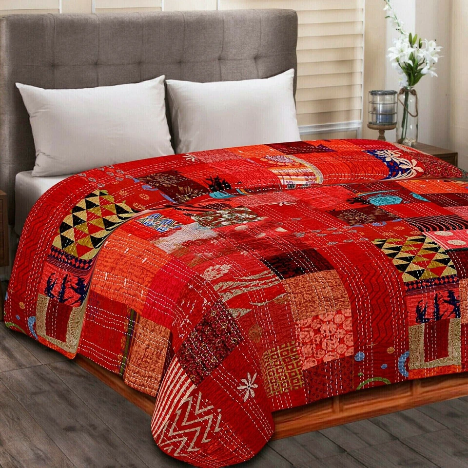 Colcha edredón Kantha retazos rojo 100 % seda indio vintage arte Foto 3 de 4