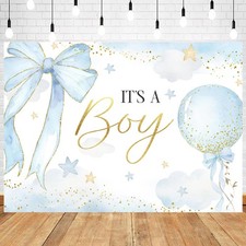 It's a Boy Baby Shower Backdrop Newborn Blue Bow Watercolor Stars Balloon Par...