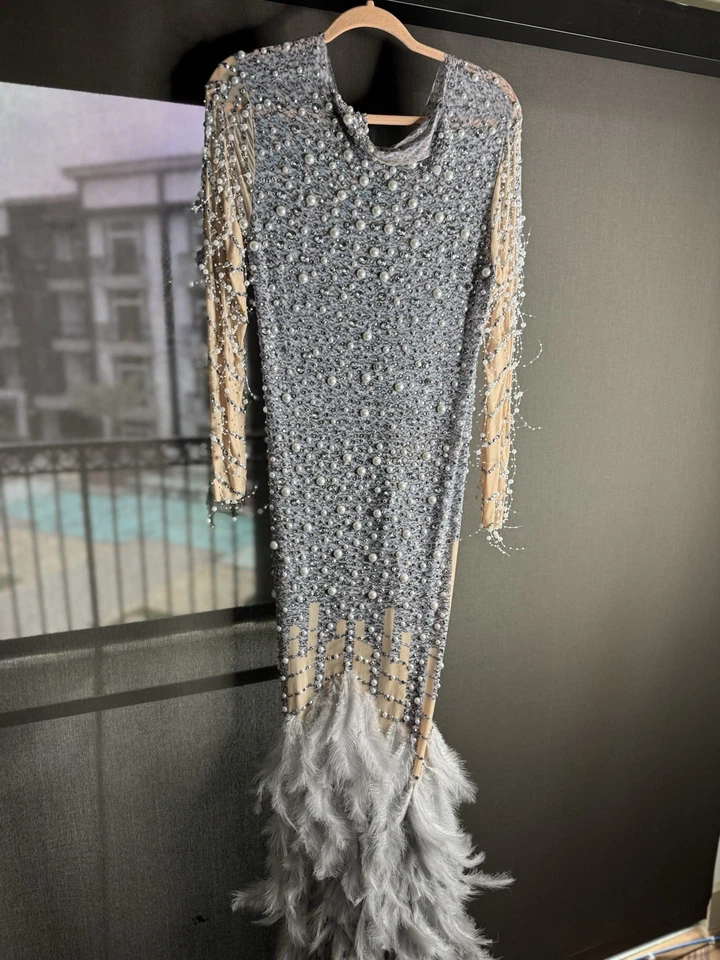 Silver Glitter Maternity Gown Mermaid Feather Long Sleeve Photo Shoot Dress (L) - Image 2 of 4