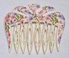 Vintage Scalloped Pink  Purple Floral Toile Plastic Hair Comb 1970s France