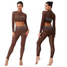 Women Figure Skating Costume Sheer Mesh Gymnastics Dancewear Outfits Costume