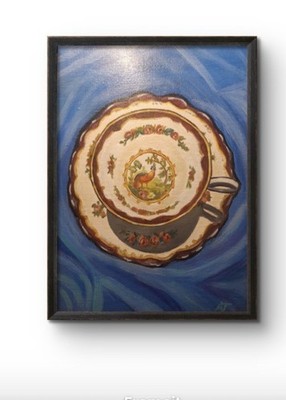 Original Hand Painted 9x12 Still Life China Set Acrylic Panel Signed Painting...