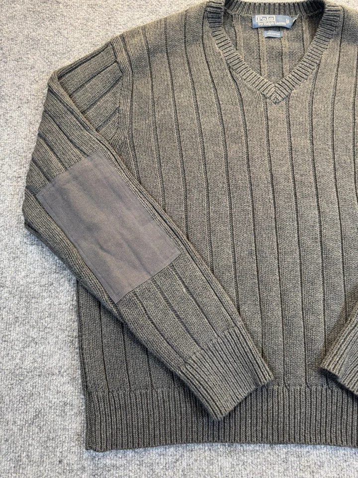 Polo Ralph Lauren Para Hombre XL Acanalado Tejido Suéter Gris Cuello en V Codo Parches Algodón Foto 4 de 4