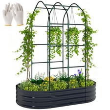 Outsunny 5 x 3 x 6ft Galvanised Raised Garden Bed with Trellis, Dark Grey