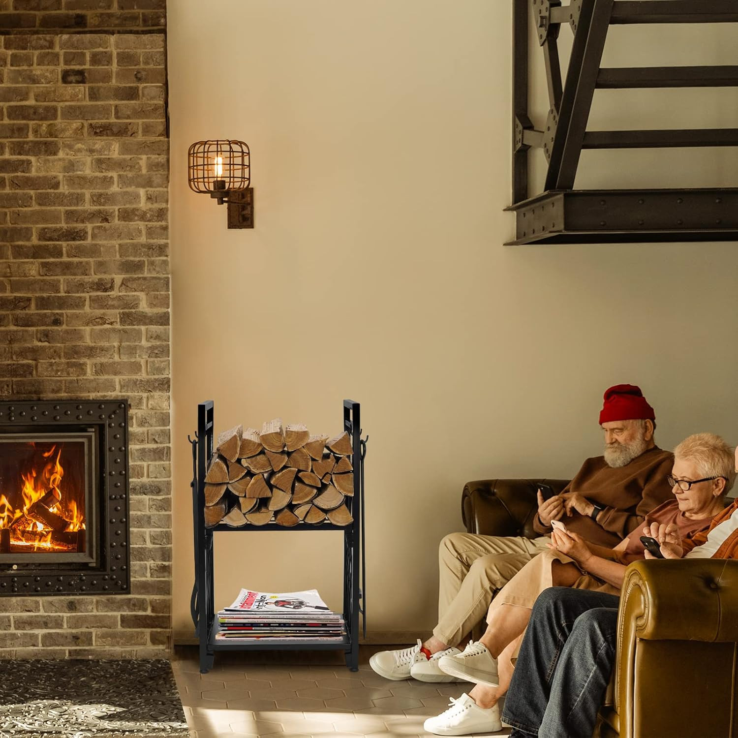 Firewood Rack with 4 Fireplace Tools, Fireplace Tool Sets Log Rack Outdoor Heavy