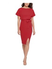 KENSIE Womens Red Tie Short Sleeve Knee Length Wear To Work Blouson Dress 4