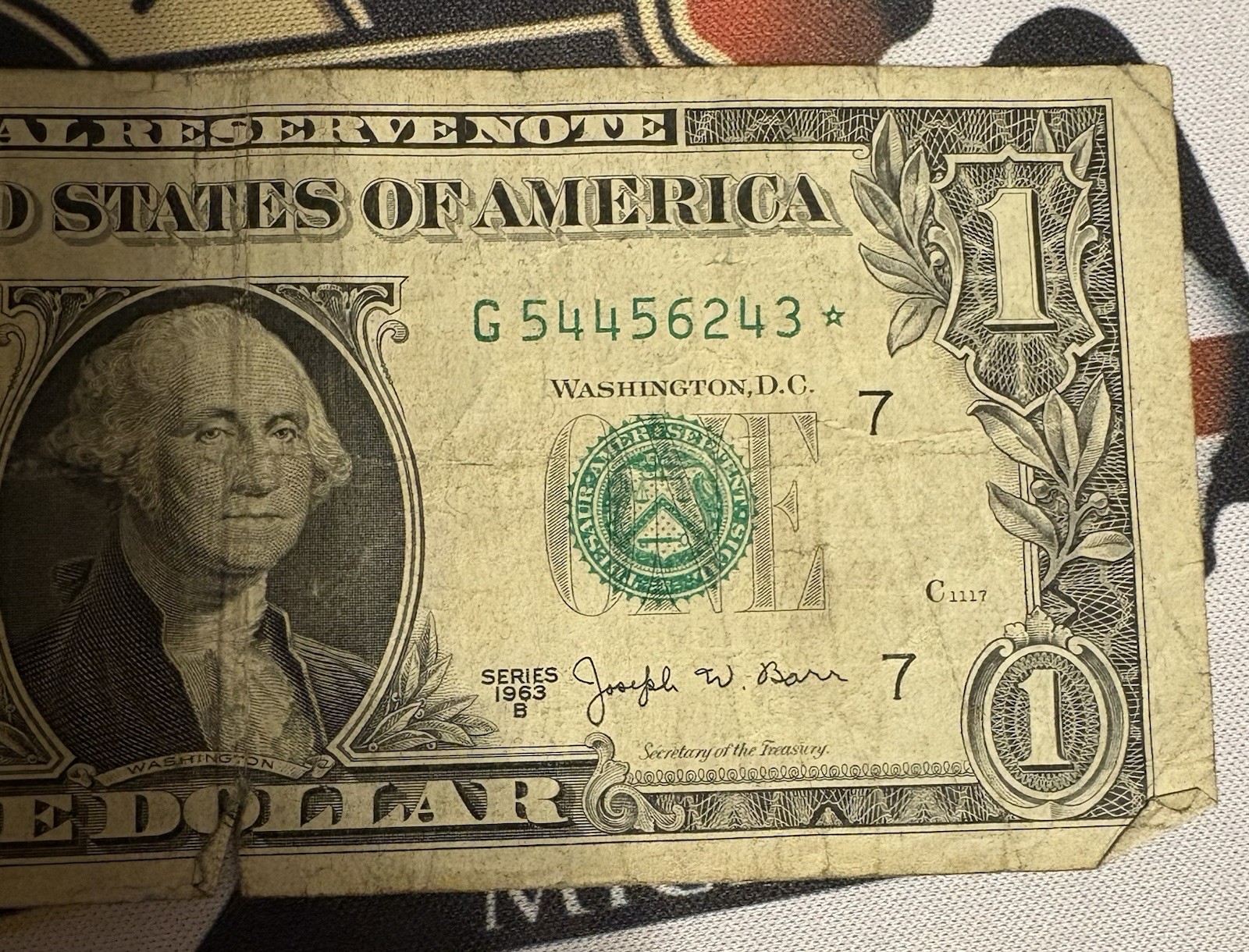 US One Dollar, 1963 B, $1 Barr, Star Note, Green Seal 