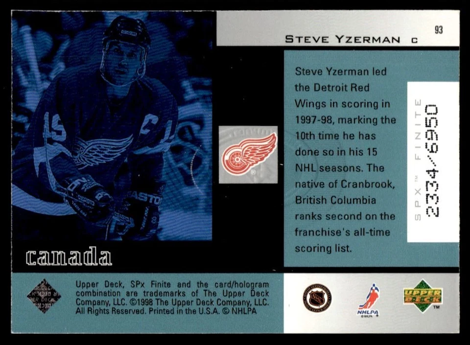 1998-99 SPx Finite Steve Yzerman /6950 Detroit Red Wings #93 - Image 2 of 2