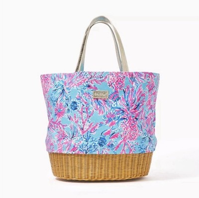 Lilly Pulitzer Celestial Blue Seek And Sea Pattern Wicker  & Canvas Tote Bag
