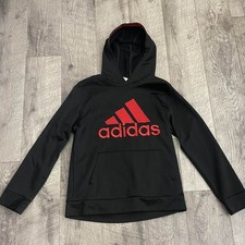 Adidas Youth L 14/16 Black Red Logo Pullover Hoodie
