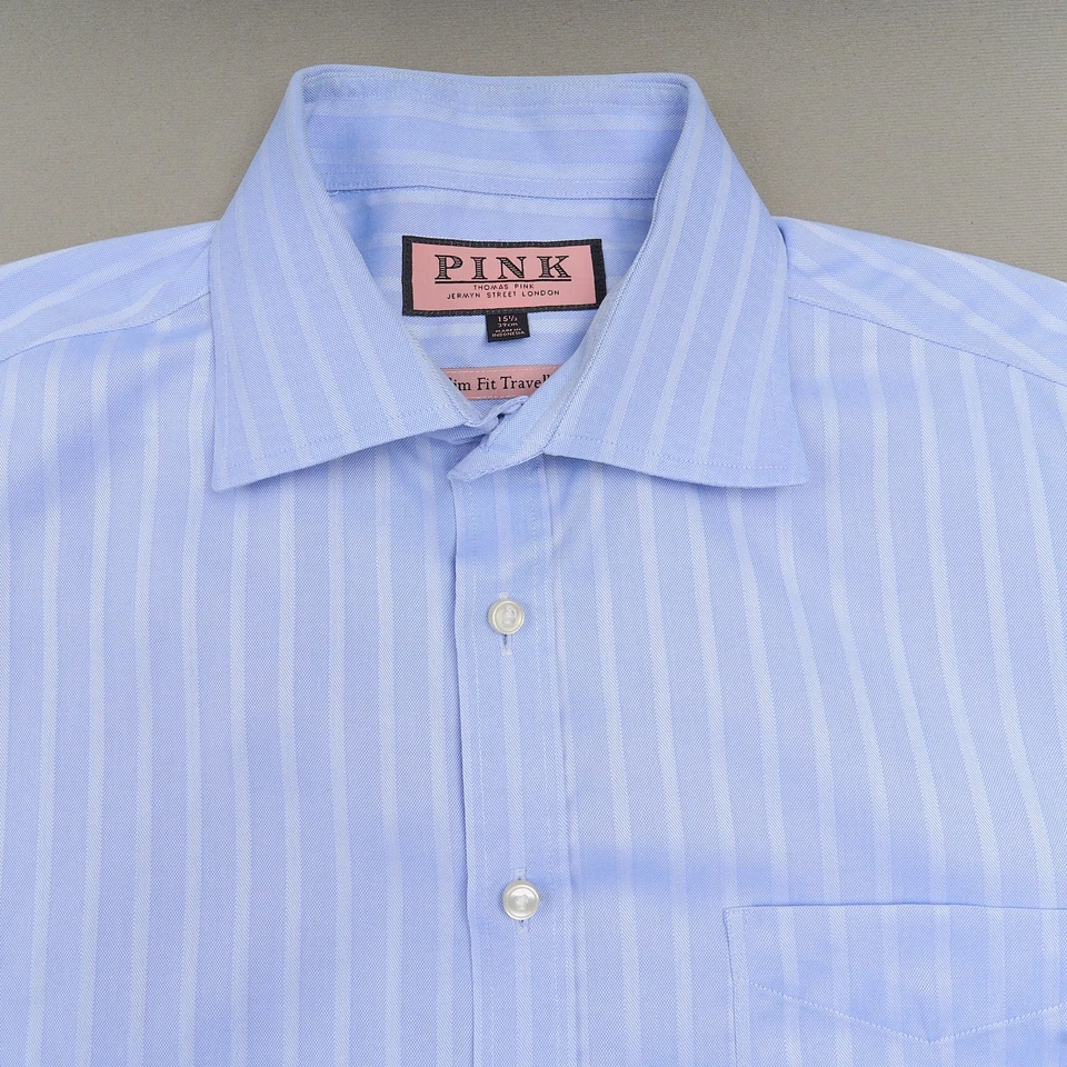Camisa de vestir de viajero rosa ajustada para hombre 15,5 azul a rayas cuello extendido Foto 2 de 4