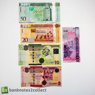 LIBIA: Set di 5 banconote in dinari libici.
