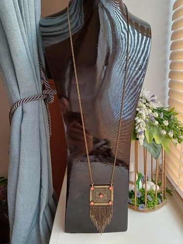 Urban Outfitters Gold & Orange Enamle Aztec/Bohemian Pendant Necklace - Picture 11 of 11