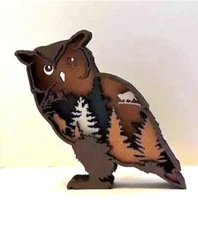 Brown Owl Bird Wooden 3D Multilayer Wood Shadowbox Handcrafted Made USA Standing