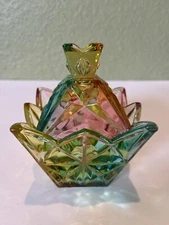 Rainbow Colored Glass Trinket Candy Dish With Lid Square Blue Pink Yellow 5”