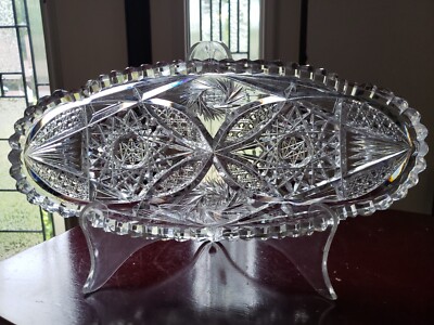 11-1/2'' Oval Dish Bowl American Brilliant Period cut glass crystal hobstars cane