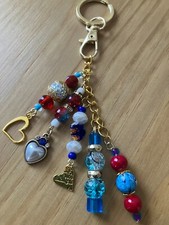 Handmade Keychain Purse Backpack or Book Charm Hearts Beads Red Blue 6
