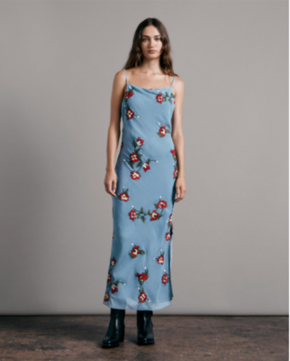RAG & BONE Baby Blue Red Floral Embroidered Side Slit Crepe Midi Dress 0 =  XS | eBay