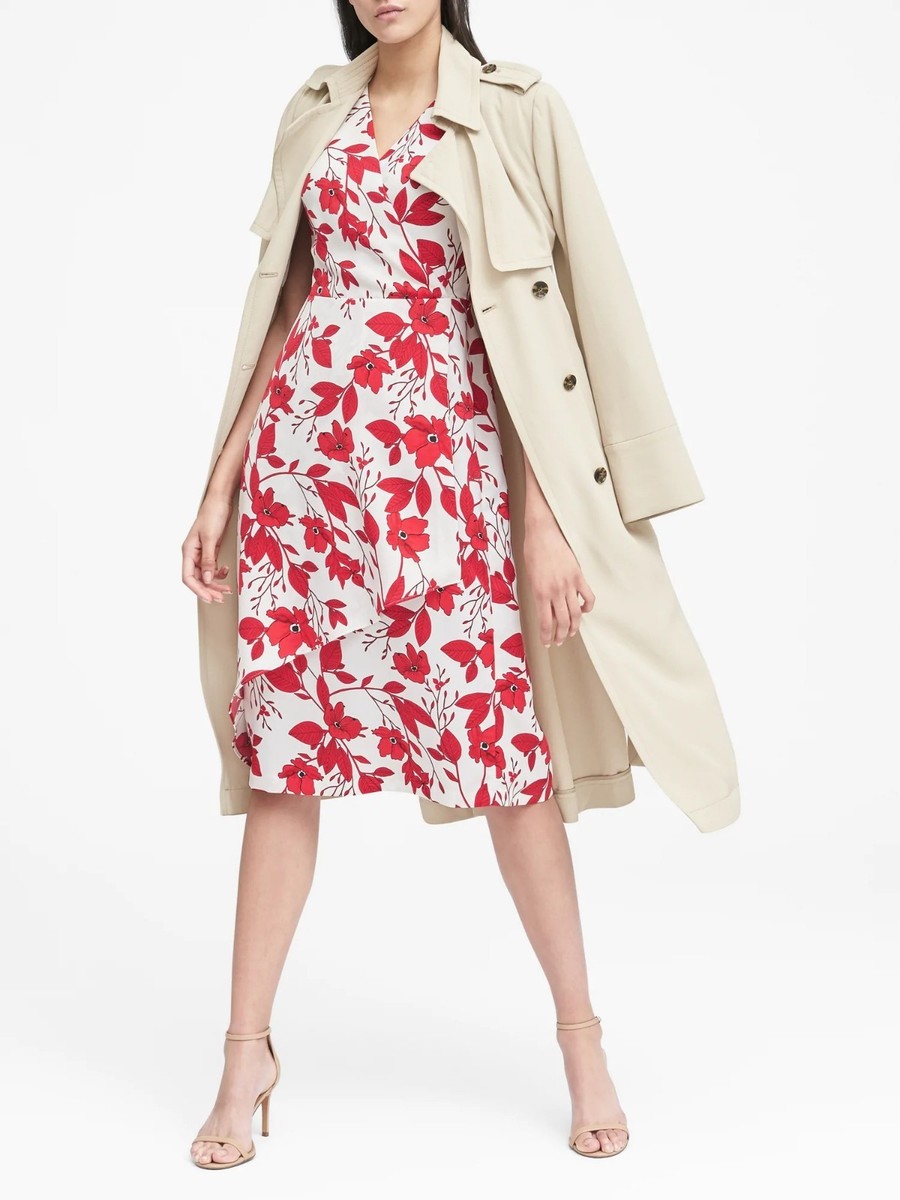 banana republic red floral dress Banana Republic Floral Wrap-Effect Midi Dress, Red Floral SIZE 4 #326234  E822