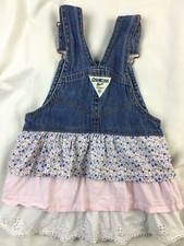 Oshkosh Girls 2T Tiered Floral Eyelet Gingham Denim Overall Vestbak Dress Pink
