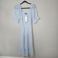 NWT Light Blue Dress Womens Size L Puff Sleeve Tie Back Flowy Prairie Feminine